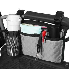SHIFANQI Wheelchair Bag with Cup Holder, Wheelchair Accessories Armrest Side Bag Multi Pockets Pouch for Electric Wheelchairs, Walkers, Rollators & Mobility Scooters, Adults, Seniors, Grey