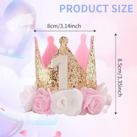 Makloee 1st Birthday Crown Hat for Baby Girls, Princess Girls First Birthday Party Crown Hat with Cute Floral, 1st Pink Birthday Decorations Hat for Girls Baby Party Supplies(Pink)
