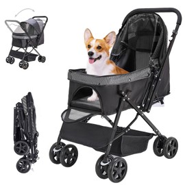 LPOTIUS Lightweight Dog Stroller with Reversible Handle for Medium Small Dogs and Cats, Foldable Pet Stroller Travel Carriage with Large Storage Basket, 4 Wheels, Black