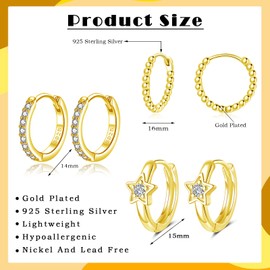 Loutade Silver Hoop Earrings for Women Girls, 3 Pairs 925 Sterling Silver Hoop Earrings Set, Hypoallergenic Small Cartilage Sleeper Dainty CZ Gold Huggie Earrings Silver Jewelry Gift for Christmas