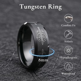 King Will 8mm Mens Black Tungsten Carbide Wedding Ring Game-Themed Laser Sword Pattern Ring Matte Finished Plated Beveled Edges Size 12