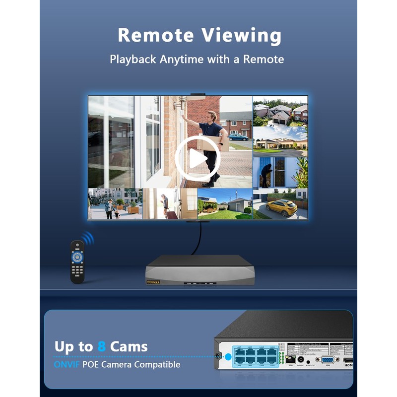 OOSSXX 8.0/4K Megapixel Security POE NVR Network Video Recorder, No