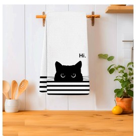 XYDEG Black Cat Gifts Hand Towels for Kitchen Bathroom Decor, Gifts for People Who Love Cats,Cute Waffle Weave Microfiber Dish Towels，16×24