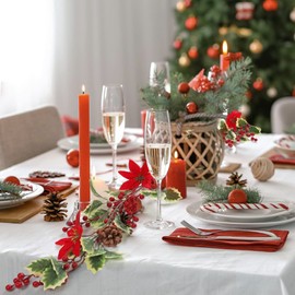 Weldomcor 190 cm Garlands Christmas Artificial Berry Garland with Pine Cones Green Leaves Red Flower Christmas Garland Decoration for Christmas Wedding Party Wreaths Christmas Decoration