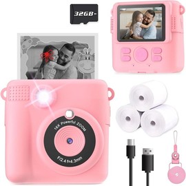 Instant Print Camera for Kids, Christmas Birthday Gifts for Girls Boys, HD Digital Video Cameras for Toddler, Portable Toy for 4 5 6 7 8 9 10 Year Old Girl with 32GB SD Card - Colour: Pink
