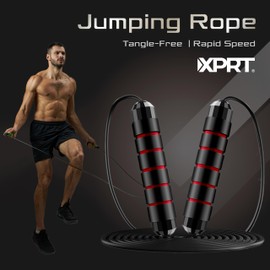 XPRT Fitness Jump Rope - Tangle-Free with Ball Bearings, Adjustable 13ft Cable, Memory Foam Handles - Speed Rope for Fitness, Cross Training, Boxing (Red)