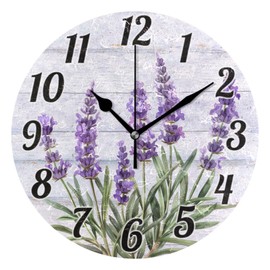 ALAZA Lavender Flowers Wall Clock Battery Operated Clock Silent 9.5 Inch Non Ticking Wall Clocks for Bedroom Living Room Decorative