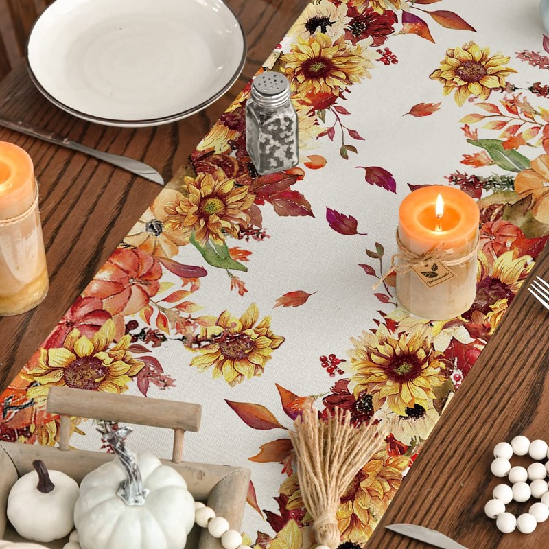 Artoid Mode Sunflower Eucalyptus Leaves Fall Table Runner, Seasonal Autumn
