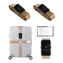 Veki Cross Luggage Straps Set TSA Approved with Lock Adjustable Travel Suitcase Belts Suitcase Tags with Name ID Card Packing Straps for Suitcases Strap Travel Accessories (Khaki, 2pcs)