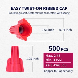 ZONE INDUSTRY CORP. 500 PCS Red Winged Wire Connectors, AWG 22-6, Easy Twist-on Screw on Ribbed Cap for Quick Connection, Insulated Insertion Electrical Wire Nuts with Spring, UL Listed, Red