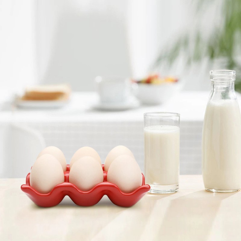 Ceramic Egg Tray 6-Cup Egg Holder Container for Fridge (Red,