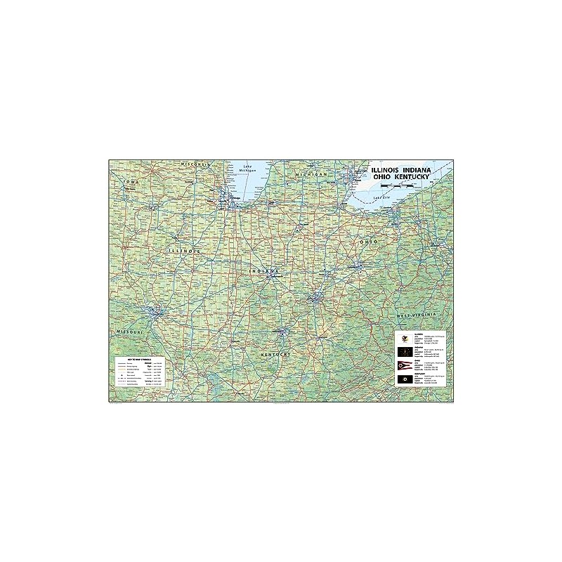 Illinois, Indiana, Ohio and Kentucky Physical Map - 23.3 x