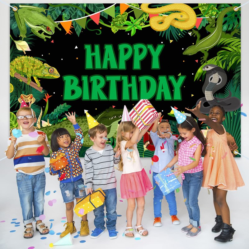 Reptile Swamp Birthday Backdrop Banner Decor Green - Lizard Snake