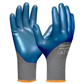 Gebol Wet Guard Blue | Size XL (Size 10) | Work Gloves with Oil and Waterproof Nitrile Coating | Non-Slip Polyester Protective Gloves | for Men | Grey, Blue | 1 Pair