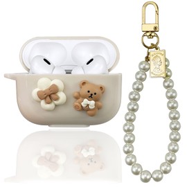 AIIEKZ Cute Kawaii AirPods Pro 2 Case Cover, Lovely Flower Bear Design Smooth Soft Protective Cover for AirPod Pro 2nd Generation Case with Pearl Chain for Girls Women (Airpods Pro 2)