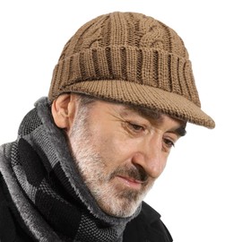 CLAPE Winter Beanie with Brim Warm Cable Knit Newsboy Cap Stylish Knitted Hat Cold Weather Warm Winter Hats, Khaki