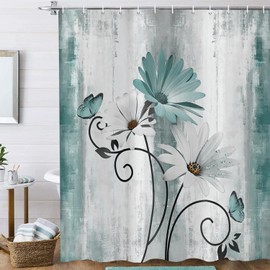 ASDCXZ Rustic Farmhouse Shower Curtain 180 x 200 cm, Vintage Farm Teal Daisy Flowers Butterfly Waterproof Bath Curtain Polyester Textile Washable Shower Curtains for Bath with 12 Hooks
