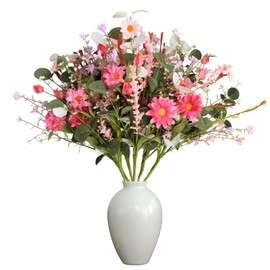 TEMPUS 6PCS Pink Daisy and Lavender Stems 14” Spring/Summer Flower Branch, Artificial Daisies Wildflower Leaves Branch for Indoor Outdoor Farmhouse Table Centerpiece Home Daily Decoration