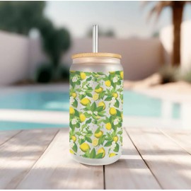 Mugzan Lemon Tree Frosted Glass Can With Bamboo Lid & Straw 16 Oz Glass Cup by Mugzan