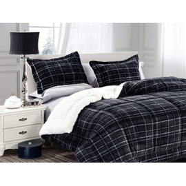 Elegant Comfort Softest, Coziest Heavy Weight Plaid Pattern Micromink Sherpa-Backing Premium Quality Down Down Alternative Micro-Suede 3-Piece Reversible Comforter Set, King/Cal King, Black