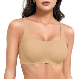 ZAAYO Women's Bra Without Underwire Full Cup Padded Bustier Seamless Push Up Square Neck Bra Strong Hold Padded Bralette T-Shirts Bra with Additional Bra Extension, khaki, M