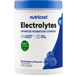 Nutricost- Polvo Complejo de Electrolitos (60 Porciones, Frambuesa Azul) Suplemento de Hidratación Mezcla de Bebida con Vitam