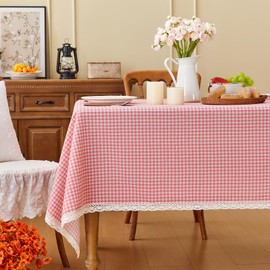 Fantastshop Checkered Tablecloth Rectangle - Cotton Linen Fabric Plaid Buffalo Table Cloth with Lace Trim - Wrinkle Free Washable Gingham Table Cover for Dinning Camping, Pink Plaid, 60 x 102 Inch.