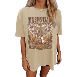 Nashville Music City T-Shirt Women Country Music Oversized Shirts Rock Band Tshirt Vintage Guitar Wings Graphic Tees(Beige,Large)