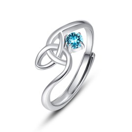 TRISHULA Celtic Knot Birthstone Ring,925 Sterling Silver March Birthstone Adjustable Open Ring for Women Forever Love Celtic Knot Thumb Ring Gift for Women Teen