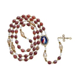 The Divine Mercy La Divina Misericordia Fire Quartz 10mm Beaded Rosary with Gold Plated Crucifix and Findings Cabochon Centerpiece with Color Image Includes a Blessed Prayer Card ENG OR SPA (ENGLISH)