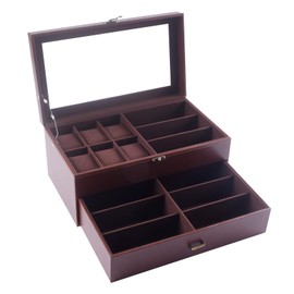 AUTOARK Leather & Velvet 6 Watch Box Jewelry Case and 9 Piece Eyeglasses Storage and Sunglass Glasses Display Drawer Lockable Case Organizer,Coffee,AW-178
