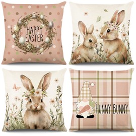 Hianjoo Easter Cushion Cover, 4PCS Linen Easter Pillowcase Happy Easter Bunny Gnome Throw Pillow Cases for Easter Decoration 45 * 45cm (Pink)
