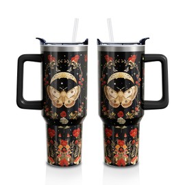Goth Mushroom 40 Oz Tumbler with Handle and Lid Straw, Gothic Moth Moon Stainless Steel Insulated Cup Water Bottle, Spring Floral Witch Gifts for Women Girls(1 PC)