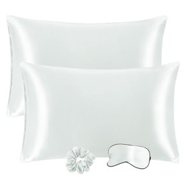 PiccoCasa Satin Pillowcases for Hair and Skin with Eye Mask and Scrunchie Soft Pillowcase 2 Pack Envelope Closure Silky Bed Pillow Covers Set for Sleeping Light Grey 50 x 65cm