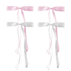 Bojueshaw 4PCS Ribbon Bow Hair Clips for Women,Long Tail Hair Bows, Sweet Style Duckbill Clips for Concerts and Friendship Moment(Pink&White)