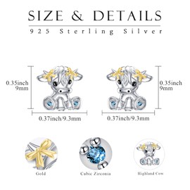 Highland Cow Stud Earrings 925 Sterling Silver Cow Earrings Animal Earrings Jewellery Gifts for Women Girls Ladies Birthday Mother's Day, Sterling Silver