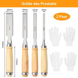APOMOONS 4-Piece Chisel Set for Wood 6, 12, 18, 24 mm Sharp Rig Wood Chisel Set for DIY Woodworking Wood Carving with Wooden Handles, Impact Cap, 2 Pairs Gloves and Carry Bag