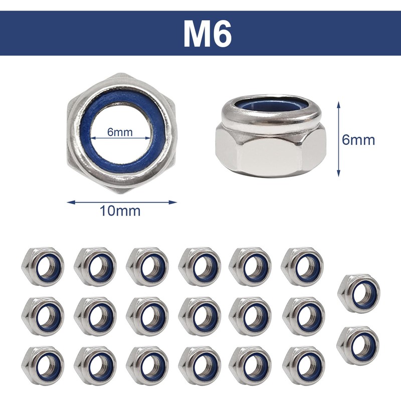 Quacc 20pcs M6 Nyloc Steel Nuts, Nylon Locknuts for Fastener,