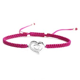 Sterling Silver Cubic Zirconia Double Heart Love Rose Pink Hand-Braided Cord Adjustable Bracelet