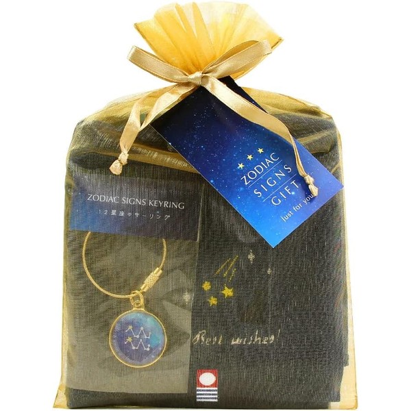 Cat & 12 Constellation Gift Set, Set of 3 (Imabari Towel Handkerchief, Constellation Key Ring, Bath Salt) (Pisces (2/19 - Mar 20))
