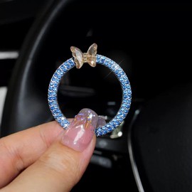 3leavtrees Bling Ring Emblem Car Accessories - Rhinestone Crystal Ring Bling Car Interior Accessory,Push to Start Button Cover/Sticker,Key Ignition Starter & Knob Ring for Women - Blue