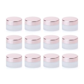 Clear Frosted Round Glass Jar With Rose Gold Lid, Empty Small Sample Travel Size Cosmetic Containers Pot For Eye gel Face Cream Makeup Beauty Products Oil Salve Ointment (15ml 0.5 oz, 12 Pack)