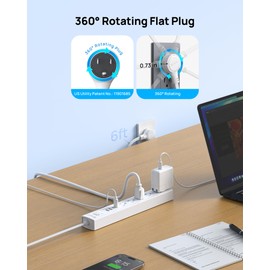 TROND Surge Protector Power Strip with 360° Rotating Flat Plug, 5 Widely Spaced Outlets with 2 USB C and 2 USB A, 1440J Surge Protector, Wall Mountable, Extension Cord 6ft for Home Office Dorm, White