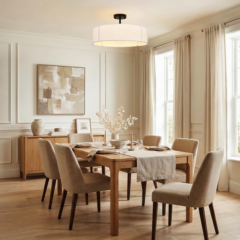 PUMING 19.7" 5-Light Black Drum Chandelier with Modern White Linen