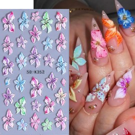 3 Sheets Colorful Flower Nail Stickers, Summer Embossed Lily Nail Decals, 5D Self-Adhesive Nail Design Stickers for Daily Festival DIY Spring Summer Floral Manicure Decoration Supplies