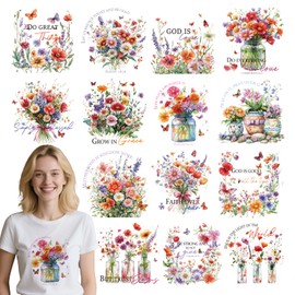 INCOK Flower DTF Transfers Ready to Press - 15 PCS Bible Verse Iron on Transfers for T-Shirt Iron on Decals Vinyl Design for Clothes Pillow Covers Hat Hoodie Bag DIY Craft Decor