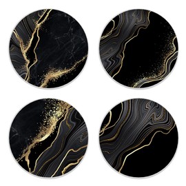 Drink Coasters Set of 4,Black Marble Golden Glitter Coasters for Drinks Ceramic Coasters with Cork Bottom for Kinds of Mugs and Cups,Home Decor,4''