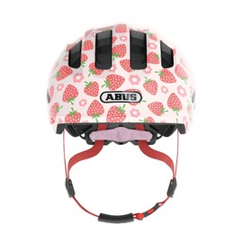 ABUS Kinderhelm Smiley 3.0 LED - Fahrradhelm mit Licht - tiefe Passform & Platz für einen Zopf - für Mädchen und Jungs - Rosa mit Erdbeer-Muster, Größe S, S (45-50 cm)