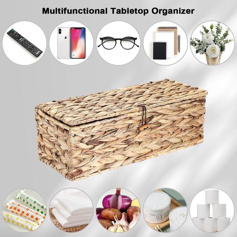 Sumnacon Wicker Storage Basket with Lid Rectangle Wicker Basket with