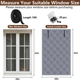 Nkiy Quen 3 Layer 63 x 39 Inches Winter Insulated Window Cover-Oxford Thermal Insulated Window Blanket with Fastener-Gray Window Insulation Kit for Winter Keeping Warm